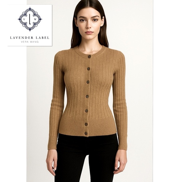 Vera Wang Lavender Label Sweaters - Vera Wang Lavender Label Camel Crewneck Ribbed Wool Alpaca Cardigan Sweater S